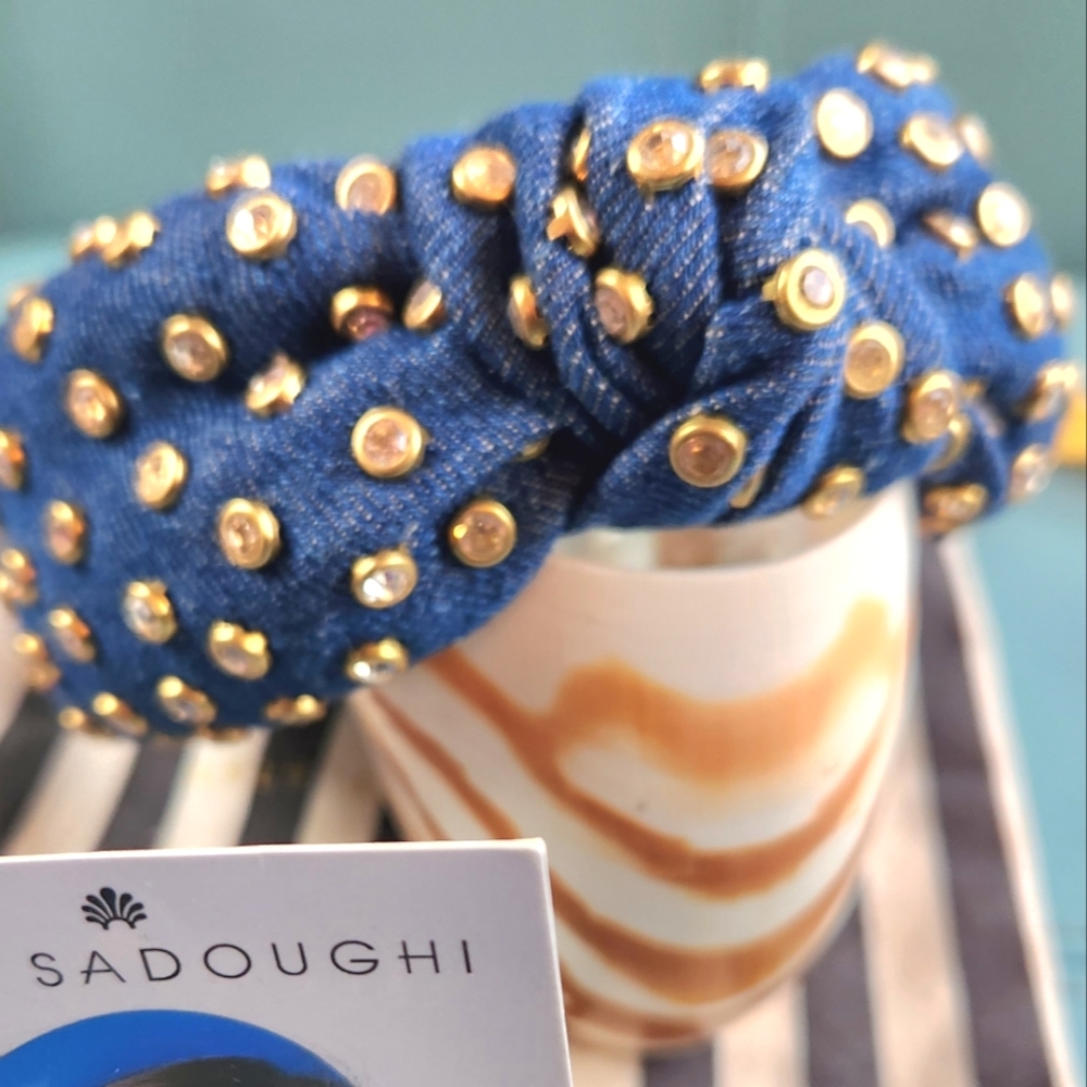 LELE SADOUGHI Dark Indigo Blue Jean Rhinestones Glitz Top Knot Denim Headband OS